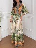 Women's Clothing Positioning Print Two Sets Five-Sleeve Open Waist Bat Cuffed Bat Cuff Tie Women