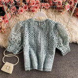 Mujer De Moda 2023 Vintage Puff Sleeve Blouses Hollow Out Crochet Floral Crop Tops Korean Summer Elegant Lace