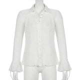 Vintage White Folds Cute Y2K Shirts Women Elegant Fashion Flared Sleeve Button Tops See Through Sexy Mesh Girl