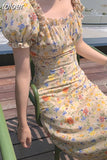 Korean Sexy V Neck Sexy Long Floral Bodycon Chiffon Dress for Women Clothing Beach Puff Sleeve Midi Dresses Summer