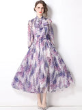 Summer Runway Beach Boho Chiffon Dress Women Bow Collar Floral Printed Elegant Holiday Party Pleated Midi Dress