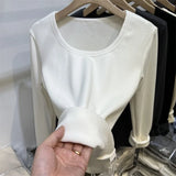 Plush Underwear With White Bottomed T-Shirt With Low Round Neck And Long Sleeves In Autumn And Winter Integrated Velvet Warm Blouse-Outfit