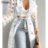 Women Fashion See Through Outdoor Tops Lace Up Spring Solid Sheer Mesh Long Sleeve Buttoned Coat With Belt Elegant