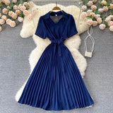 Summer Vintage Women Pleated Dress Red/Pink/Brown Turn-Down Collar Short Sleeve High Waist Casual Draped A-Line Vestido New