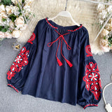 Travel To Shoot Retro National Wind Embroidery With Tuxedo V-Neck Lantern Sleeve Top Lady