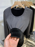 Plush Underwear With White Bottomed T-Shirt With Low Round Neck And Long Sleeves In Autumn And Winter Integrated Velvet Warm Blouse-Outfit