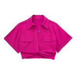 Women Safari Style Pockets Patch Knotted Linen Short Smock Blouse Lady Chic Kimono Cropped Shirt Blusas Tops-Outfit