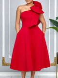 Large-Size Women's Summer New Fashion Slanted Shoulder Bow Banquet Dress African