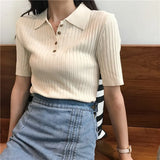 Korean Women Elegant And Casual Polo Plunge Neck Short Sleeve Knitted Shirt Crop