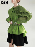 Women Green Pleated Belted Big Size Blouse New Lapel Long Sleeve Loose Fit Shirt Fashion Tide Spring Autumn 2023
