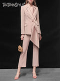 Solid Two Piece Set Womens Notched Collar Long Sleeve Blazer High Waist Wide Leg Pants Female Sets Fashion