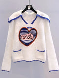 Navy Collar Korean Fashion Cute Knitted Tops Autumn Winter New Pocket Pull Femme Love Sweater Female Sueters De