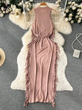 Tassel Design Sleeveless Tank Top Dress Fashion O Neck Slim Elastic Waist Female Elegant OL Bodycon Midi Long