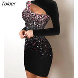 New Print Cutout Front Long Sleeve Bodycon Dress Women Sexy Hollow Out Slim Fit Long Sleeve Autumn Dress Sequins Black
