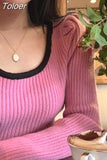 Women Sweaters Puff Long Sleeve Striped Knit Tops 2023 Autumn Winter Korean Cropped Sweater Fashion Y2K Pullovers