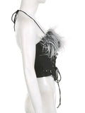Women's Denim Short Tank Tops Slim Halter Lace-up Backless Spliced Plush Black Irregular Camis 2024 Spring New Fashion-Outfit