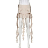Women's Y2K Summer Chic Ruffled Mini Skirt with Long Ribbon Straps Low Waist Bowknot Aesthetic Short Pleated Skirts-Outfit