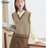 Women Knitted Vest 2023 Spring Sleeveless V Neck Loose Sweaters Classic Stripe Casual Chic All-match