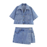 For Women's Clothing INS Burst Short-Edover Collar Denim Shirt +