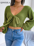 Autumer Winter Knit Elegant Sexy V Neck Chic Women Sweater Lantern Sleeve Pollover Short Bow Tie Korean Style Jumper