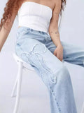 New Embroidered Side Brim Butterfly Jeans Women's High Street Design Spicy Girls' Loose Straight Pants-Outfit
