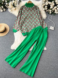 Winter Retro Casual Sweater Sets Women Rhombus Print Knitwear+Elastic Waist Long Wide Leg Pants Fashion Knit