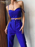 Sexy Blue Crop Top Two Piece Set Women Summer Bodycon High Waist Pants Set Lady Elegant Slim Pencil Trouser