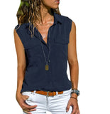 Cotton Tops Blouses 2021 Autumn Sleeveless Solid V-Neck Office Blouse Female Work Women Button Up Shirt Plus Size
