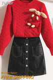 Detachable bear Sweater Winter Suits Women 2 Piece Set Sweet Red Loose Sweaters + PU Skirt Button Office Lady Skirt