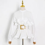 Solid Casual Shirt For Women Stand Collar Long Sleeve Patchwork Sashes Fold Pleated Shirts Female 2022 Spring