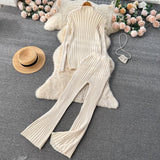 Solid Winter Slim Sweater Sets Female Stand Collar Long Pullover+Casual Wide Leg Pants Fashion Knit Two Pieces