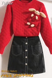 Detachable bear Sweater Winter Suits Women 2 Piece Set Sweet Red Loose Sweaters + PU Skirt Button Office Lady Skirt