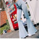 Denim Flared Pants Women Vintage Bell Bottom Jeans Plus Size Warm Autumn Wide Leg Trousers Female Pant Flare