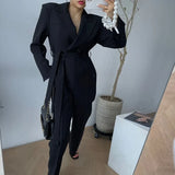 Notched Collar Double Breasted Playsuits Long Pants Chic Sashes Office OL High Waist Slim Retro Jumpsuit
