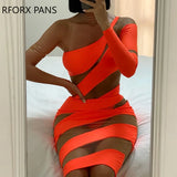 Women Solid Contrast Mesh Patchwork One Shoulder Long Sleeves Midi Bodycon Sexy Party Dress-Outfit