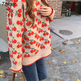 New Autumn Winter Women Cherry Sweaters Long Sleeve O-neck Causal Knitted Pullover Tops Sweet Pull Jumpers Retro