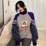 Turtleneck Hoodies Women Plus Velvet Warm Harajuku Printed Pullovers Tops Womens Oversize Patchwork Leisure Chic