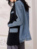 Women's Blazer Notched Collar Patchwork Denim Double Breasted Panelled Elegant Suit Jackets 2024 Summer New Fashion 29L3200-Outfit