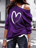 Yskkt Women's Pullover Sweatshirt Heart Printed Long Sleeve One Shoulder Tops Autumn Winter Sweat Shirts Woman Casual