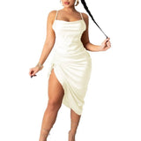 Party Satin Mini Dresses Sleeveless Ruched Sexy Club Dress Summer Women Backless Outfits Spaghetti Strap White