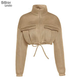 Sisterlinda Mesh Plaid Y2K Bubble Puffer Jackets Women Trend Zip Pocket Crop Outerwears Spring Fall Slim Drawstring Female