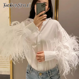 Casual Patchwork Feather Blouse For Women Lapel Lantern Sleeve White Solid Shirt Female Fashion New Clothing