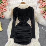 Autumn Sexy Black/Brown Draped Mesh Bodycon Dress Women Elegant Square Collar Long Sleeve High Waist Club Party Vestidos