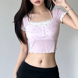 And Spicy Girls Pure Desire Lace Splicing Fake Two Neck Tops Girls French Maiden Ear Knitted Short-Sleeved T-Shirts-Outfit