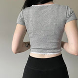 Desire Atmosphere Wearing Lace Button Splicing Color Navel Slimming Striped Short-Sleeved T-Shirt 2023 New Style-Outfit