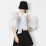 Casual Shirt For Women Bowknot Collar Half Sleeve Sheer Solid Button Through Blouse Female Fashion Clothing