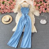 Summer Women Denim Romper Sexy Strapless Draped High Waist Jumpsuits Female Black/Blue Wide Leg Spaghetti Strap Rompers