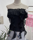 Real Shooting Pure Wind Lotus Leaf Side With A Word Shoulder Bra Small Vest Short Three-Dimensional Flowers Sleeveless Top