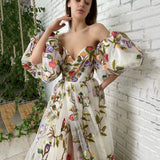 Spring And Summer New Women's Dress A Word Shoulder Open Fork Embroidery Temperament Mesh