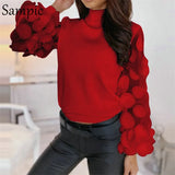 Mesh Patchwork Black White Vintage Puff Long Sleeve Blouse Shirts Women Casual Turtleneck Elegant Blouse Tops